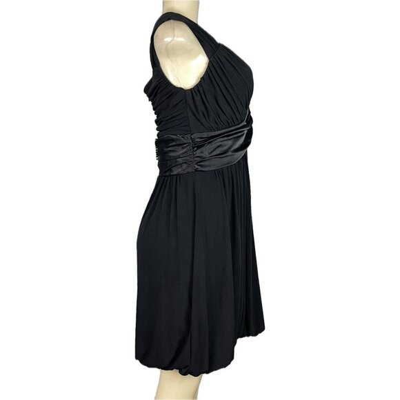 Suzi Chin 10 Black Ruched Satin Waist V-Neck Bubble Hem Sleeveless Party Dress - Picture 3 of 6